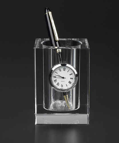 Clear Crystal Glass Pen Holder with Clock MH-B0333