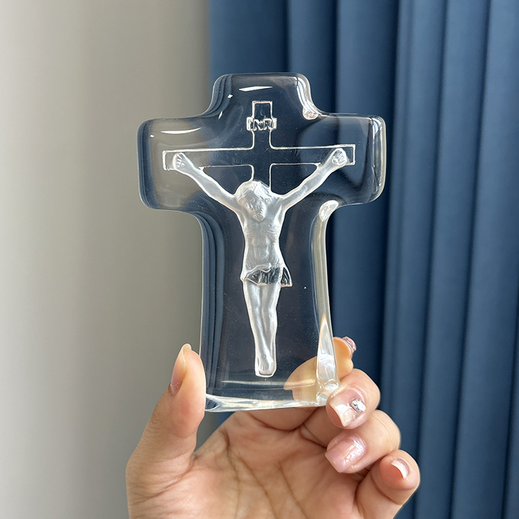Clear Crystal Glass Standing Cross Glacier with Jesus Figurine MH-15564