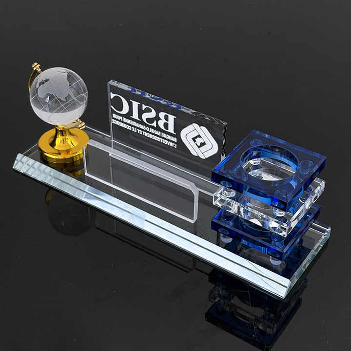 Multi-functional Three in One K9 Crystal Pen Holder with Globe Card Holder Office Business Gifts MH-B0390