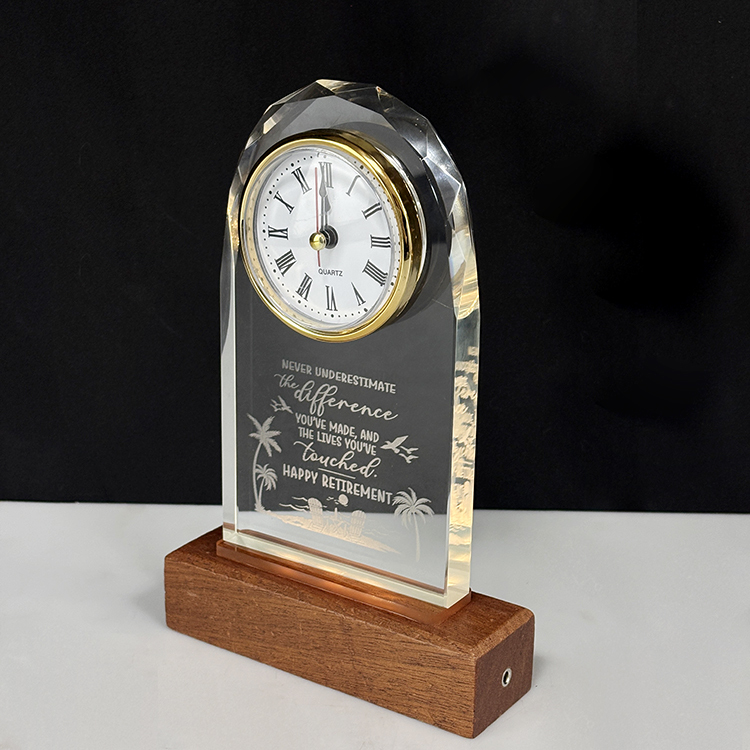 Optical Glass Arch Shaped Crystal Desk Clock with Wooden Light Base MH-C0221
