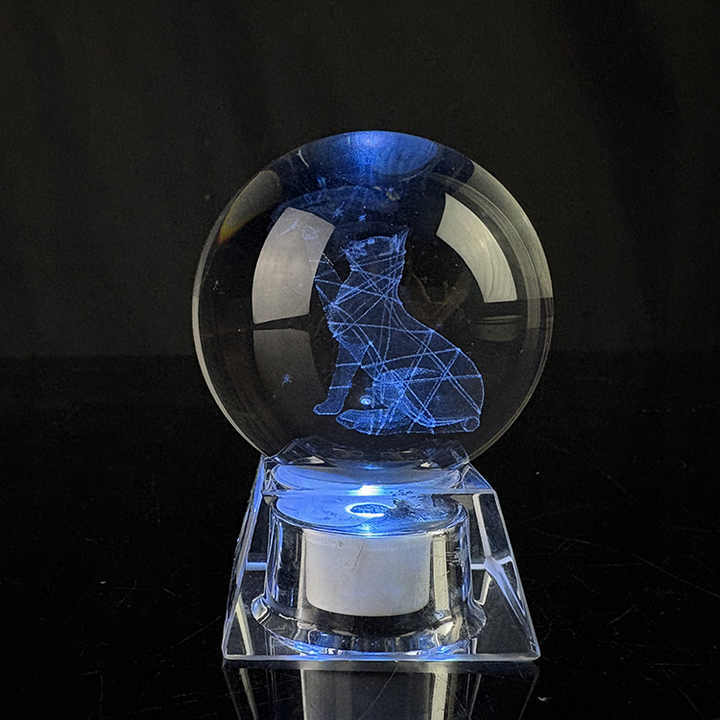 Light up  Laser Cat Glass Crystal Ball with Crystal Led Light Base MH-Q0283