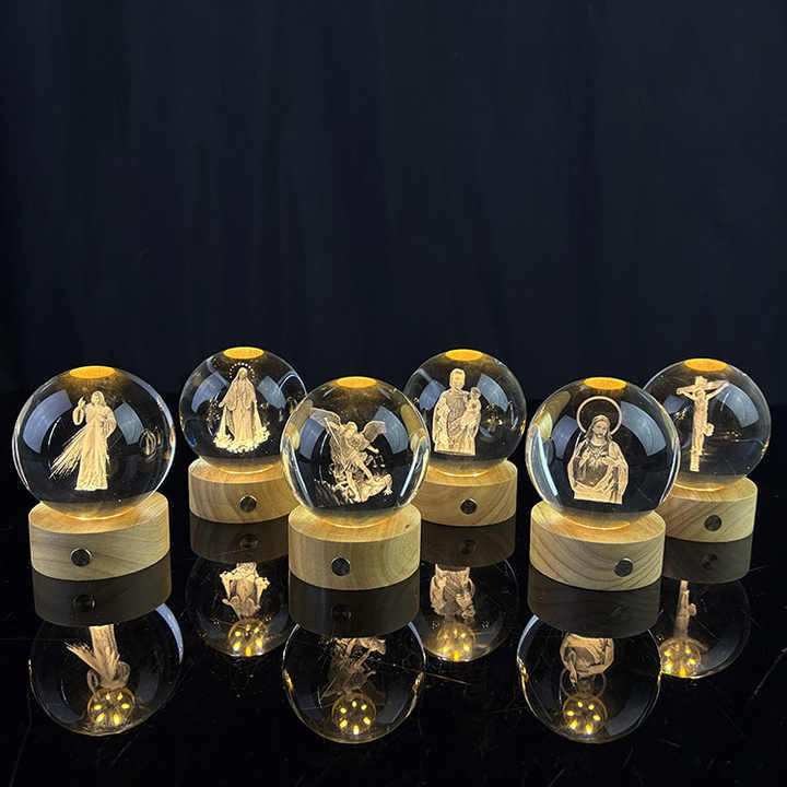 Custom Christian Jesus Cross Crystal Ball 3D Laser Religious Night Light with Touch Switch Wooden Led Light Base MH-Q0272