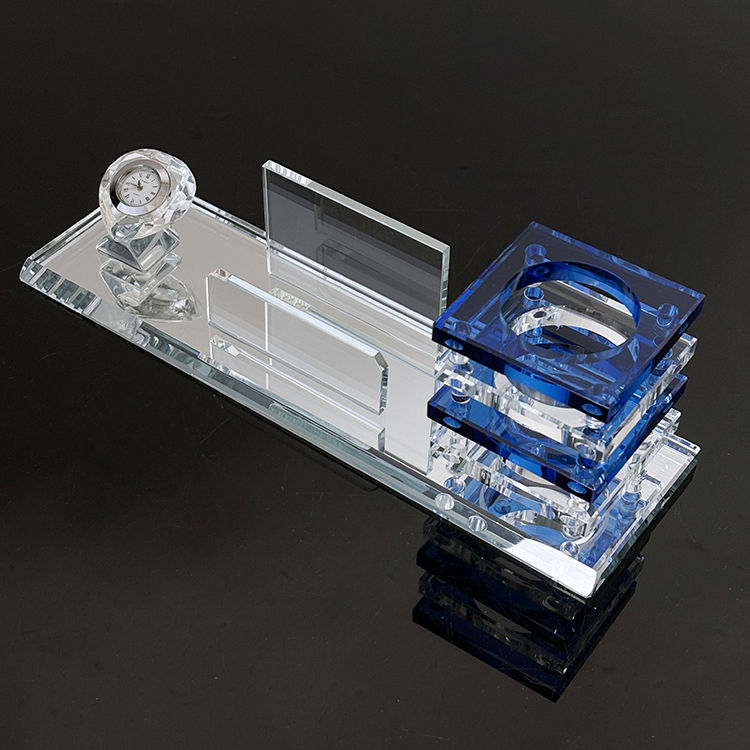 Multi-functional Three in One K9 Crystal Pen Holder with Heart Clock Card Holder Office Business Gifts MH-B0396