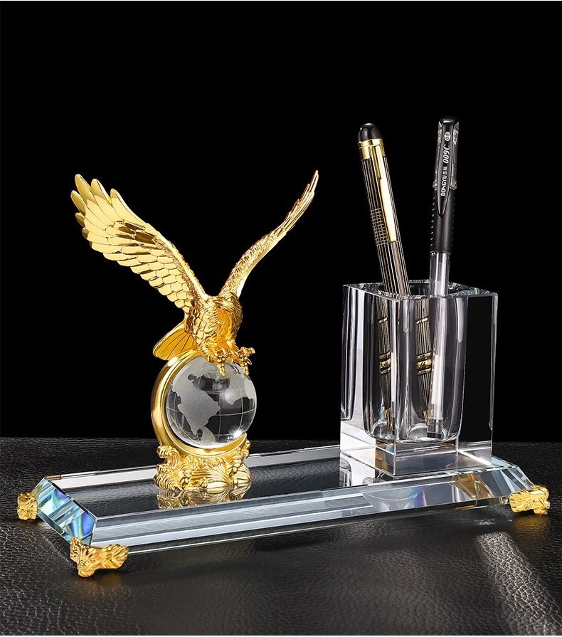 Gold Silver Bronze Metal Eagle with Globe Desktop Gift Crystal Pen Holder Set for Table Decoration MH-B0385