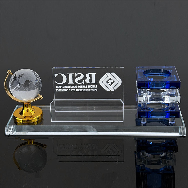 Multi-functional Three in One K9 Crystal Pen Holder with Globe Card Holder Office Business Gifts MH-B0390