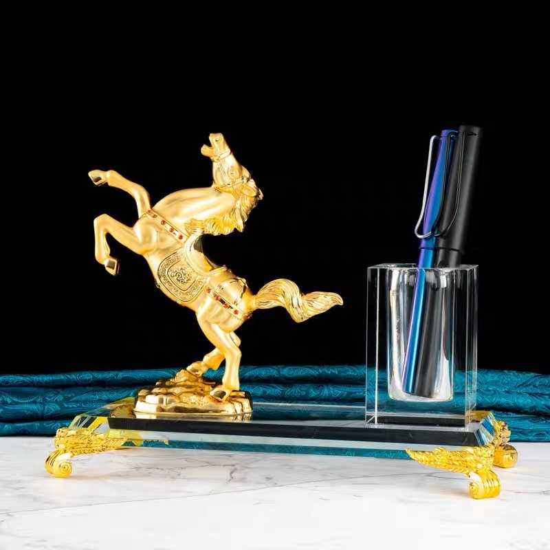 Gold Metal Horse Gift Crystal Pen Holder Set for Table Decoration MH-B0405