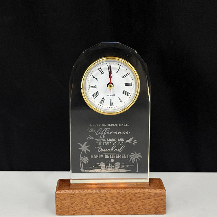 Optical Glass Arch Shaped Crystal Desk Clock with Wooden Light Base MH-C0221