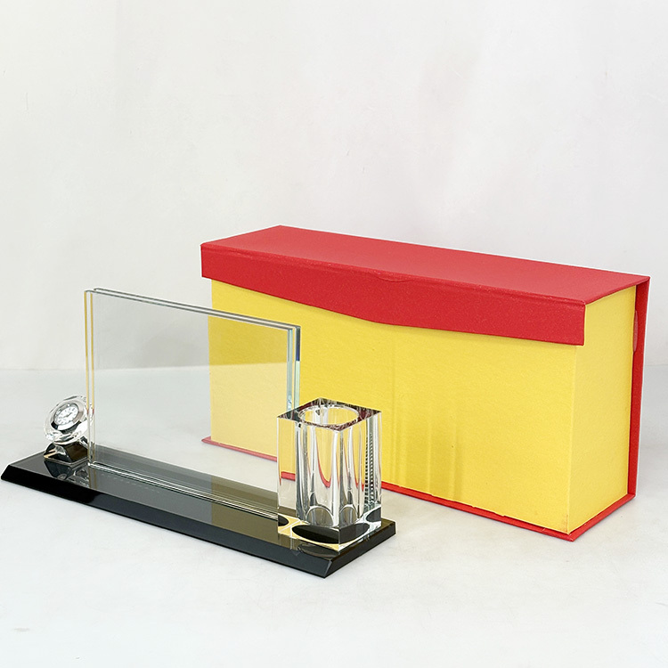 Crystal Pen Holder Set with Diamond Clock with Black Base for Table Decoration MH-B0382