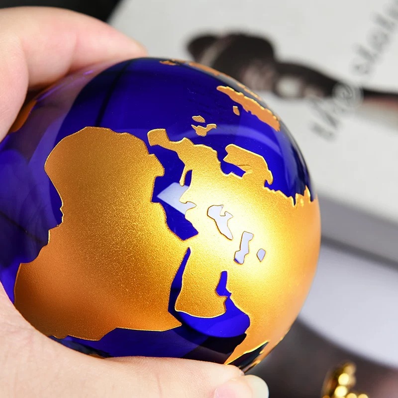 Gold Silver Bronze Continent Blue Glass Crystal Glass Globe with Gold Metal Stand MH-Q0266