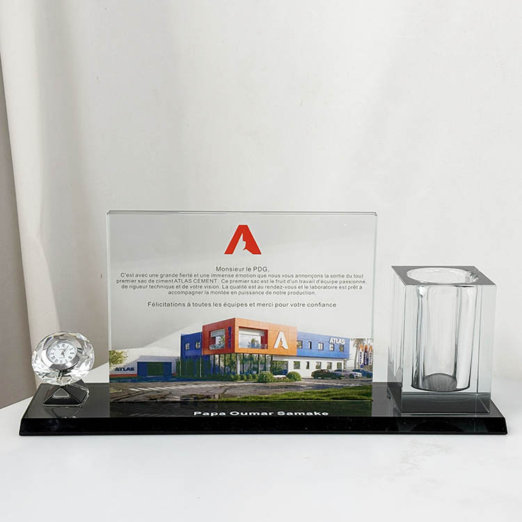 Crystal Pen Holder Set with Diamond Clock with Black Base for Table Decoration MH-B0407