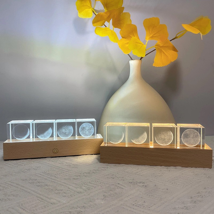 4pcs in a Set New Night Light Laser Moon Cube Paperweight with Wooden Light Base MH-F0617