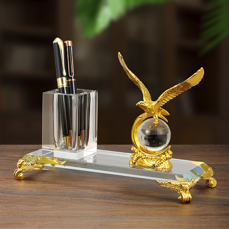 Gold Silver Bronze Metal Eagle with Globe Desktop Gift Crystal Pen Holder Set for Table Decoration MH-B0385