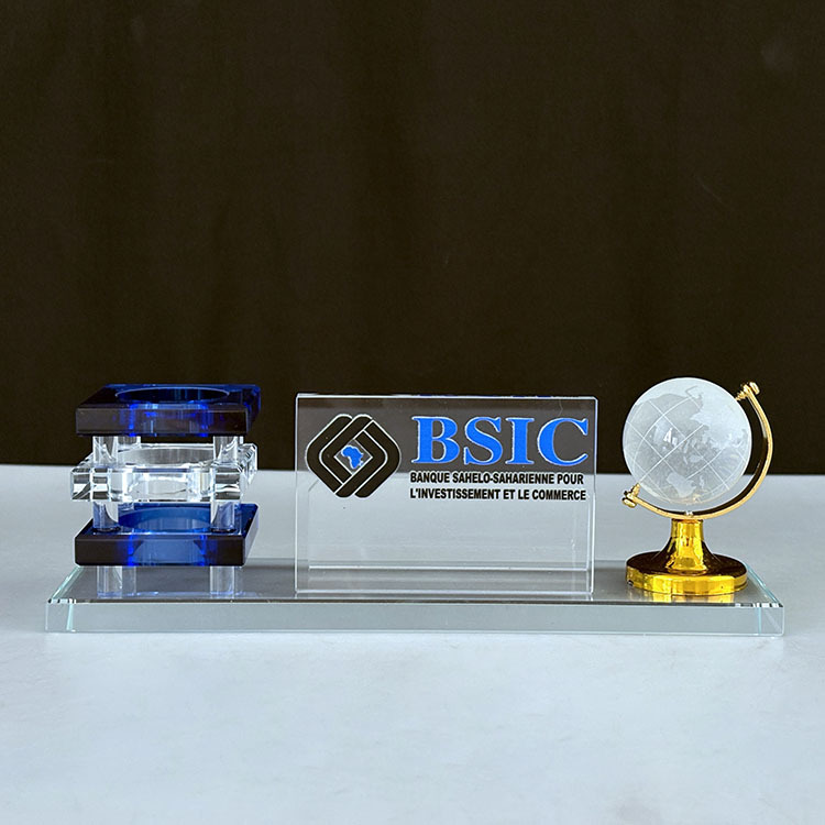 Multi-functional Three in One K9 Crystal Pen Holder with Globe Card Holder Office Business Gifts MH-B0390