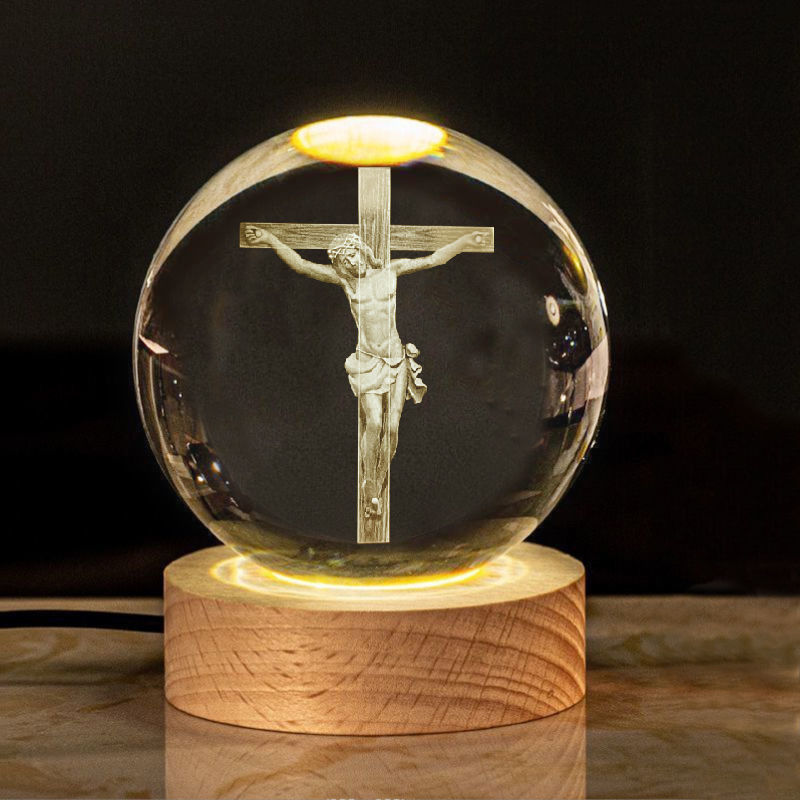 Custom Christian Jesus Cross Crystal Ball 3D Laser Engraved Religious Night Light Glass Ball Decor Souvenir Gifts MH-Q0267