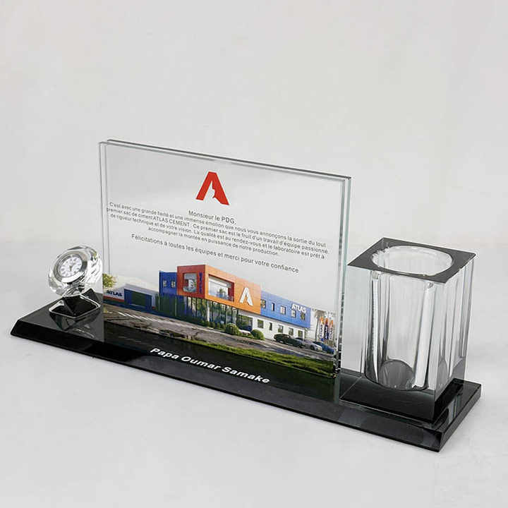 Crystal Pen Holder Set with Diamond Clock with Black Base for Table Decoration MH-B0407