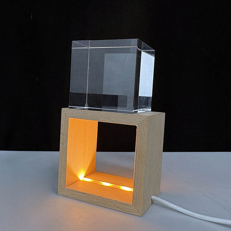 New Night Light Blank Crystal Block Cube Paperweight with Wooden Light Base MH-F0717