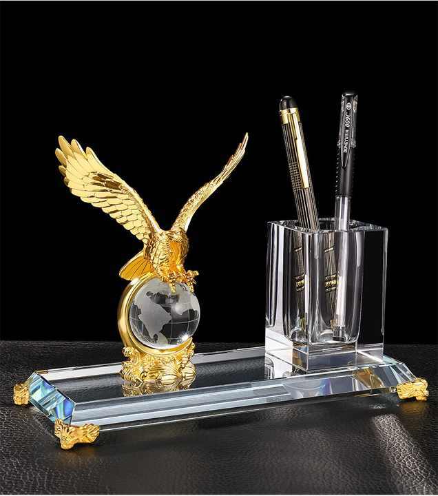 Gold Silver Bronze Metal Eagle with Globe Desktop Gift Crystal Pen Holder Set for Table Decoration MH-B0385