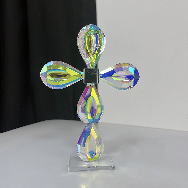 13.5x19cm Rainbow Coating Crystal Glass Standing Cross MH-15555