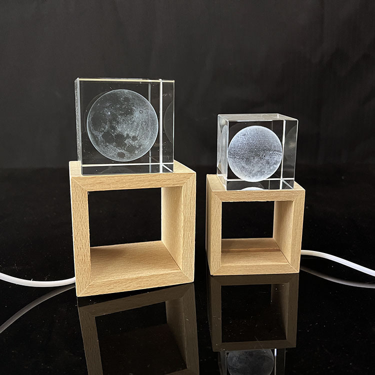 2024 New Night Light Laser Moon Milky Way Crystal Block Cube Paperweight with Wooden Light Base MH-F0600