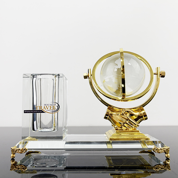 Gold Silver Bronze Metal Globe Anniversary Gift Crystal Pen Holder Set for Table Decoration MH-B0386