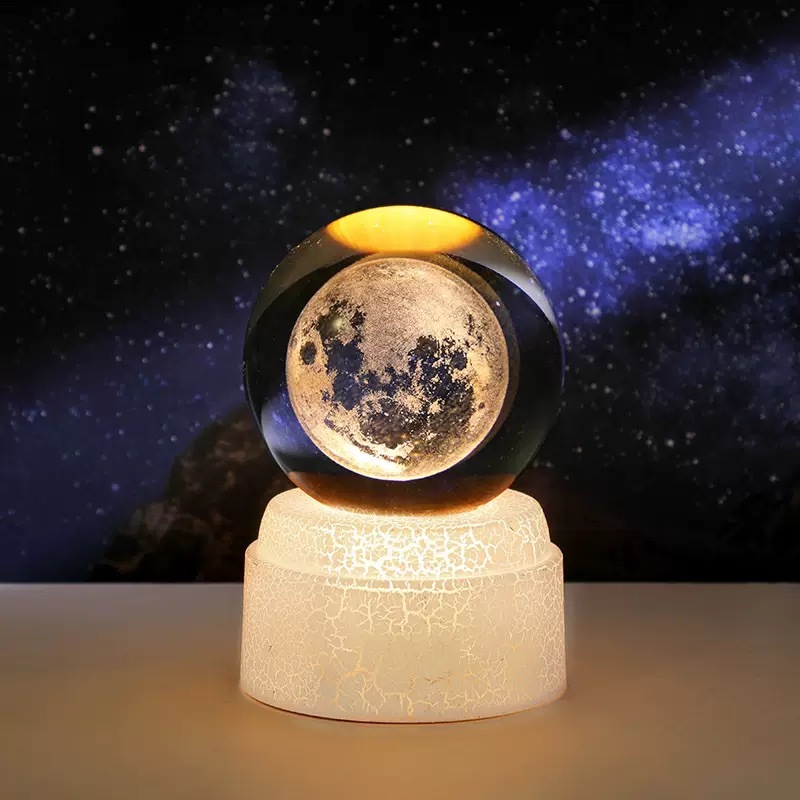 Light up Crystal Laser Moon Milky Way Saturn Ball with Rotating Plastic Led Light Base