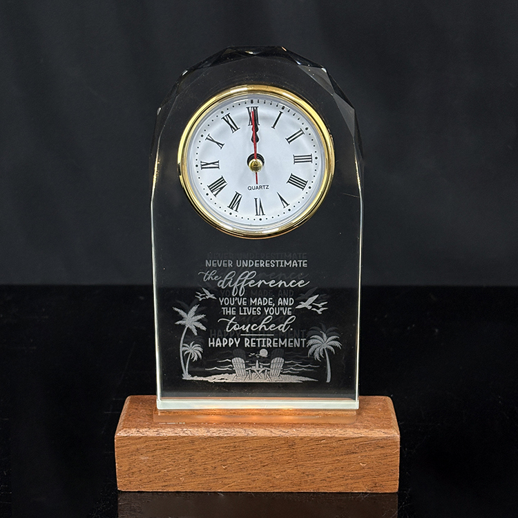 Optical Glass Arch Shaped Crystal Desk Clock with Wooden Light Base MH-C0221