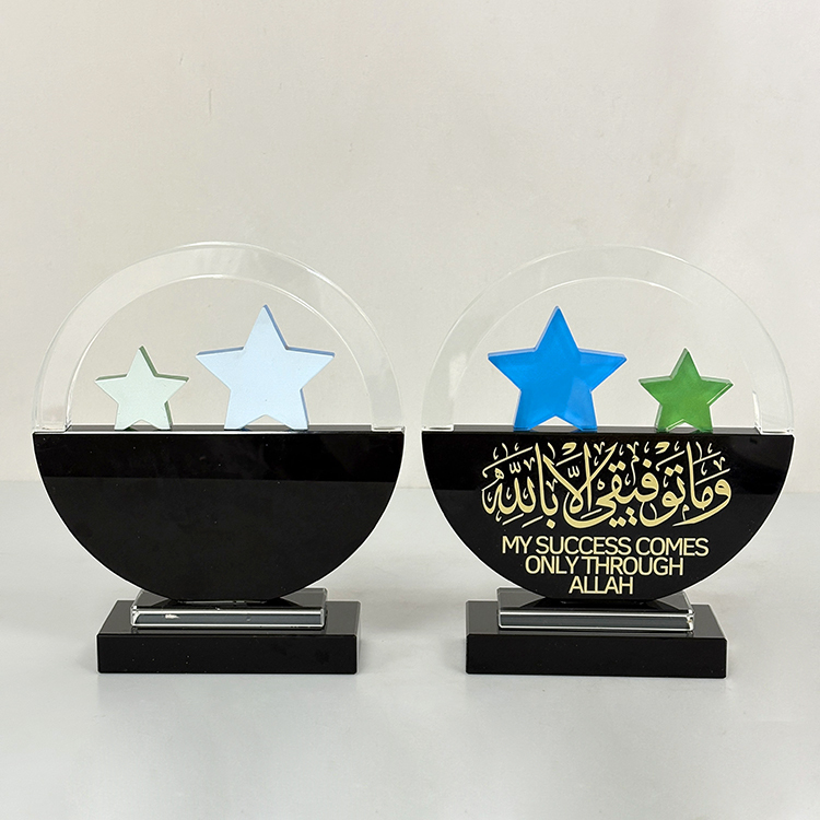 Round Black Crystal Circle Glass Awards Plaque Trophy with 2 Star MH-LJ0404