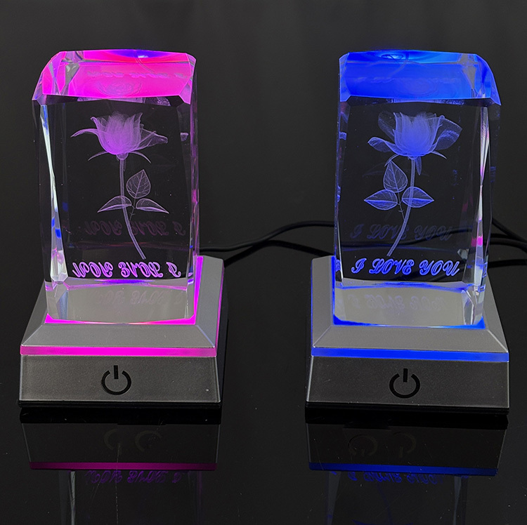 Laser Rose Rectangle Crystal Paperweight with Light Base MH-F0653