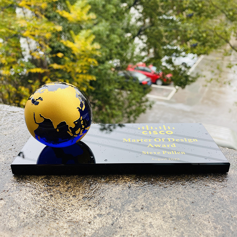 Gold Silver Bronze Continent Blue Glass Crystal Glass Globe Paperweight with Black Base MH-Q0075