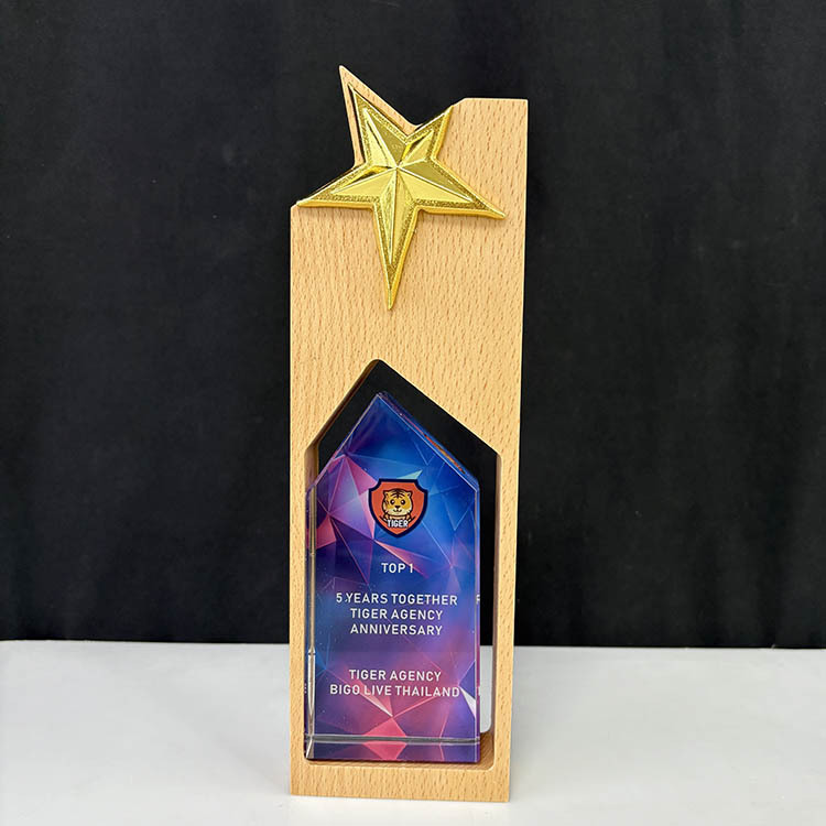 Gold Star Personalized Wooden Plaque Crystal Trophy MH-FJ0049