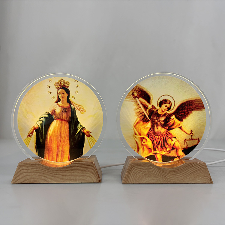 Customized Catholicism Round Crystal Wooden Custom Mini LED Night Light Base Stand MH-F0690