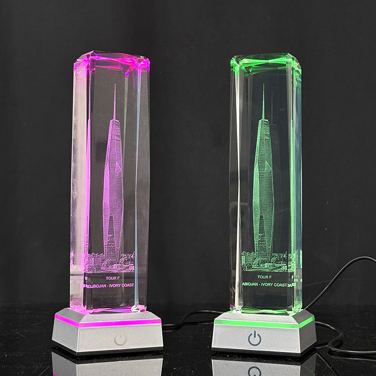 Laser Crystal Block Cube Paperweight with Sensitive Touch Switch Led Light Base MH-F0705