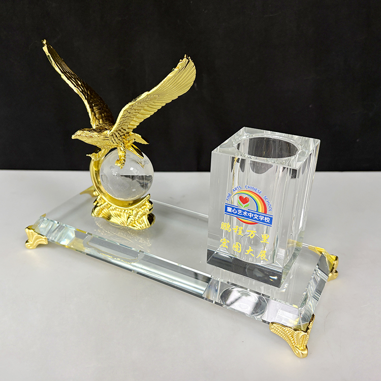 Gold  Metal Eagle with Globe Desktop Gift Crystal Pen Holder Set for Table Decoration MH-B0400