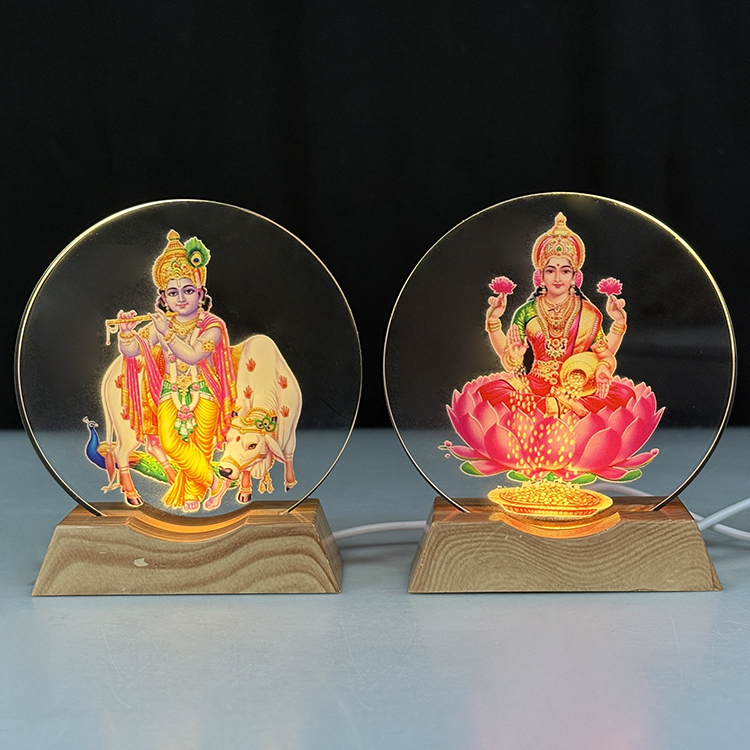 Custom Hindu Ganesh God Crystal Round Shape with Wooden Color Plastic Light Base Custom Mini LED Night Light Base Stand MH-F0689