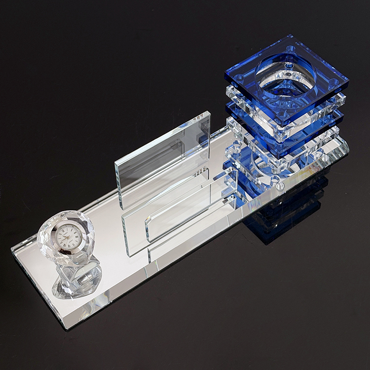 Multi-functional Three in One K9 Crystal Pen Holder with Heart Clock Card Holder Office Business Gifts MH-B0396