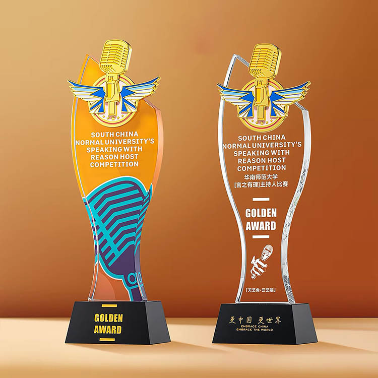 New Design Gold Metal microphone Music Crystal Glass Awards Trophy MH-FJ0047