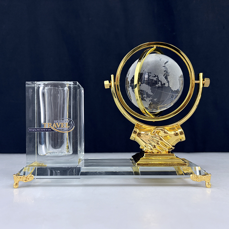 Gold Silver Bronze Metal Globe Anniversary Gift Crystal Pen Holder Set for Table Decoration MH-B0386