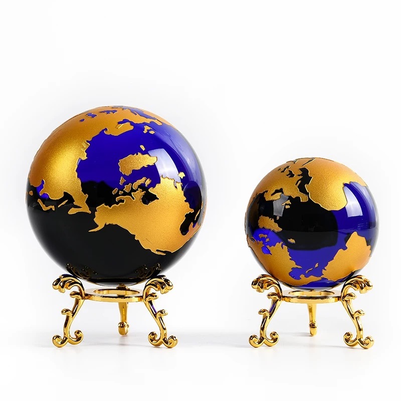 Gold Silver Bronze Continent Blue Glass Crystal Glass Globe with Gold Metal Stand MH-Q0266