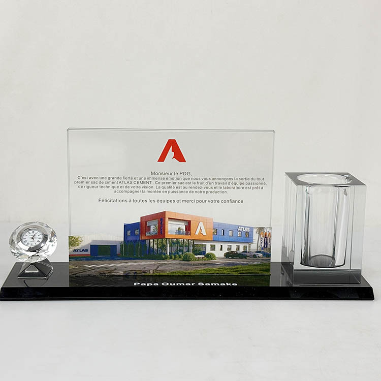 Crystal Pen Holder Set with Diamond Clock with Black Base for Table Decoration MH-B0407