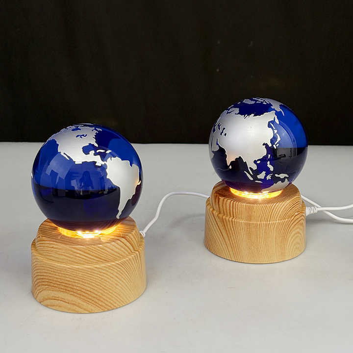 Light up Crystal Blue Globe Ball with Rotating Wooden Led Light Base MH-Q0282