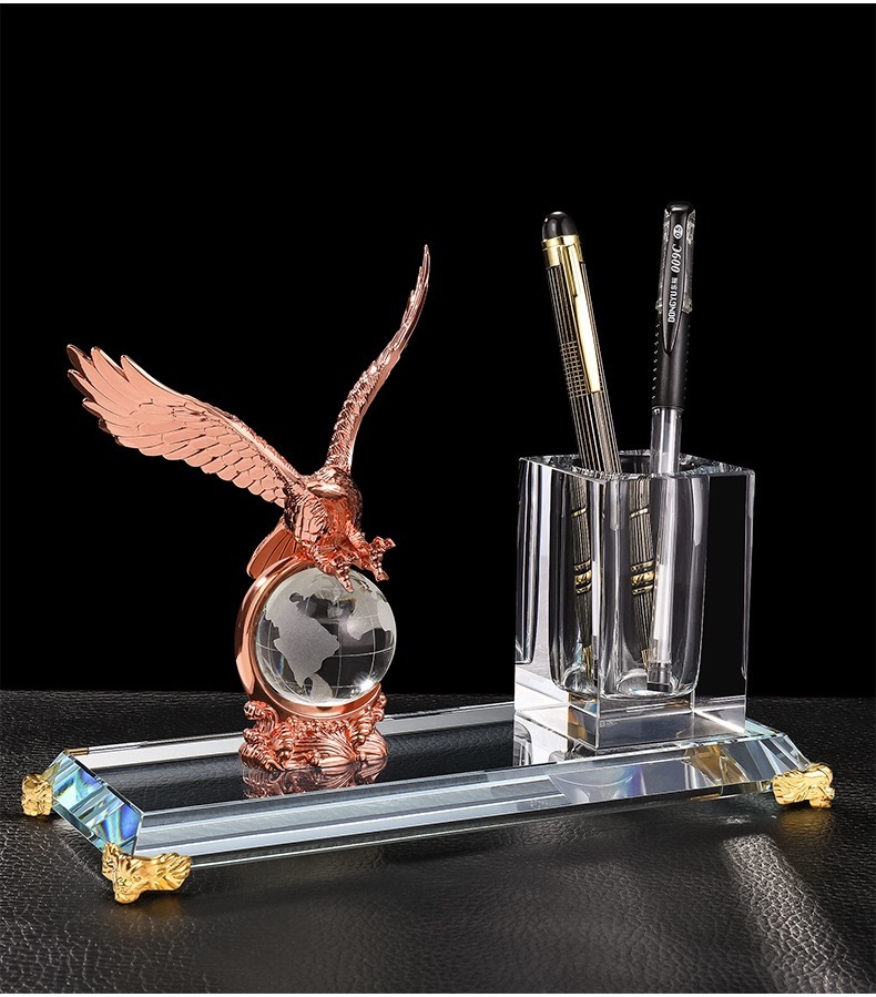 Gold Silver Bronze Metal Eagle with Globe Desktop Gift Crystal Pen Holder Set for Table Decoration MH-B0385