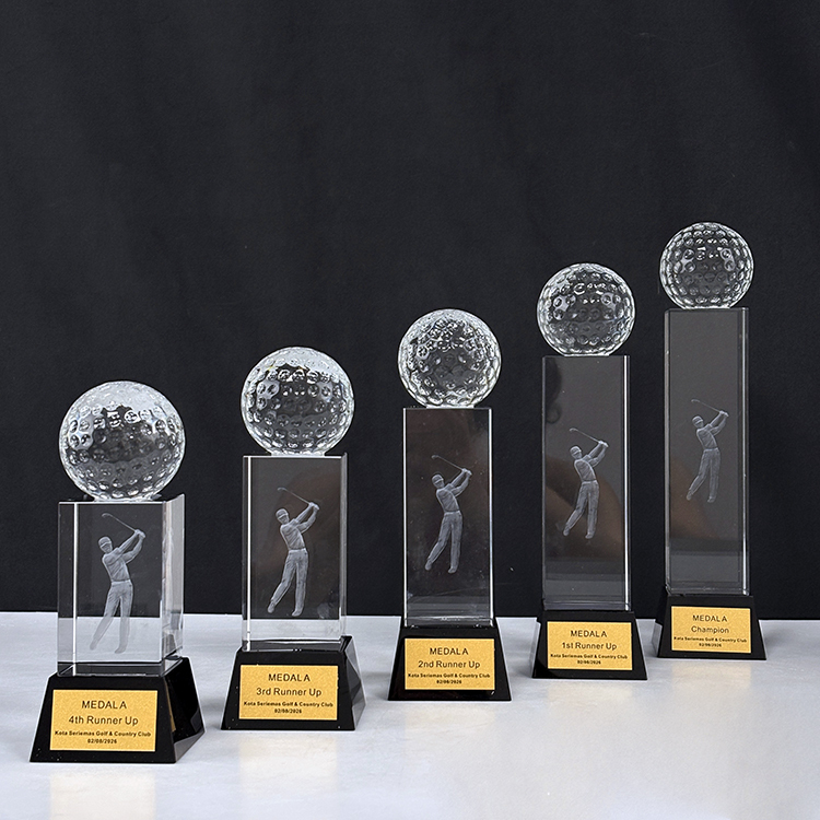 Personalized Glass Crystal Golf Ball Trophy with Cube Base with Gold Plate MH-Q0251