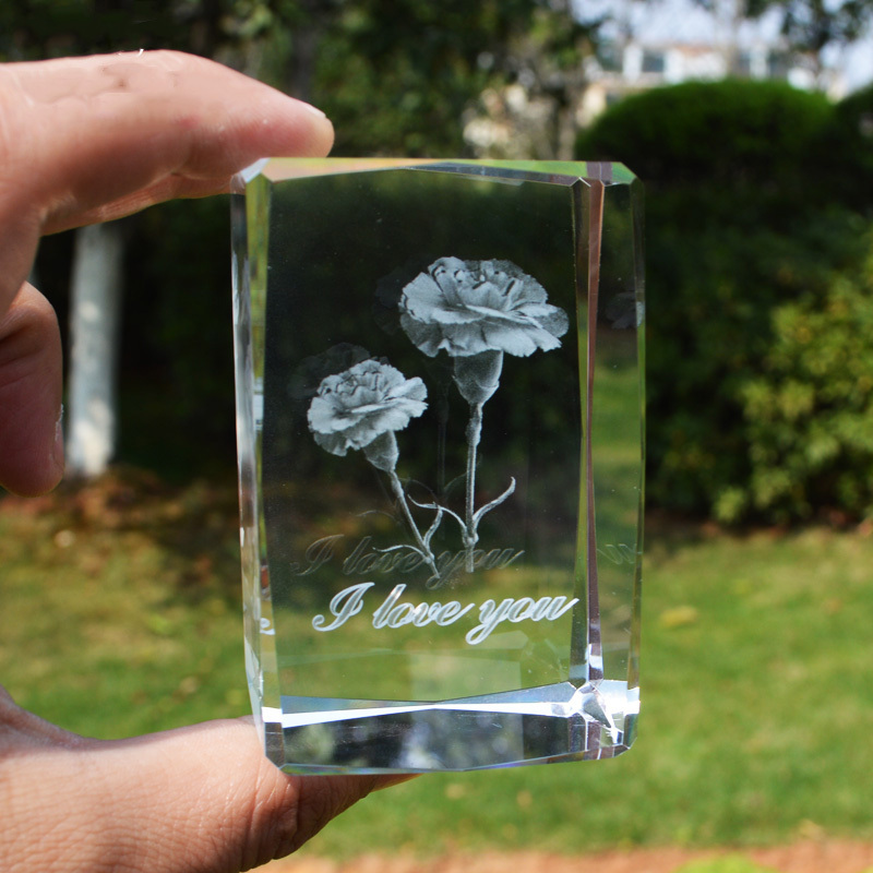 Wholesale Customize Rose Flowers 3d Laser Crystal Glass Cube Wedding Favors