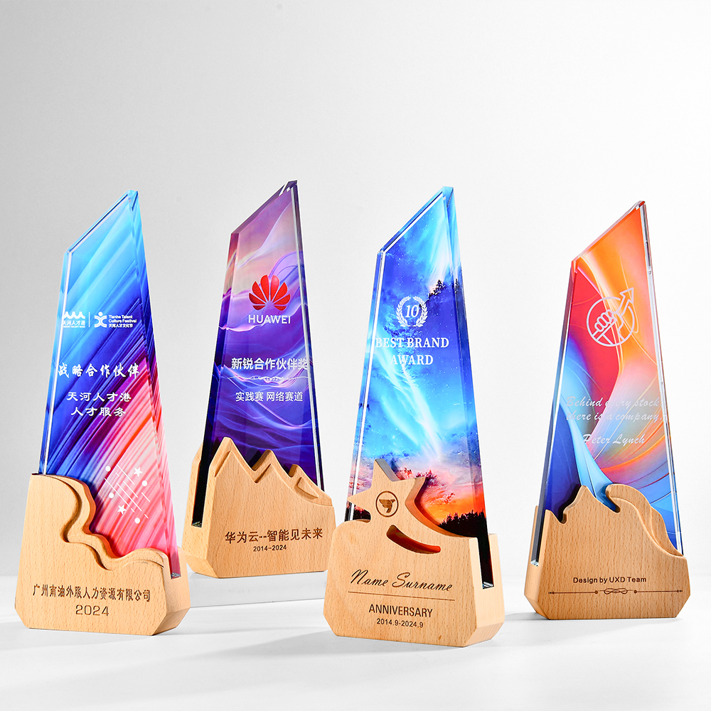 Wooden Stand with Clear Crystal Glass Colorful Print Business Award Trophy Crystal Color
