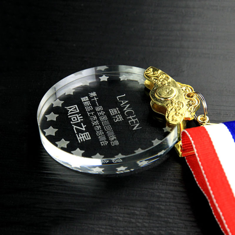 2D Engraved UV Printed Fashion Crystal Medals Round Ornament with Custom Logo for Sport Event Souvenirs Gift Box