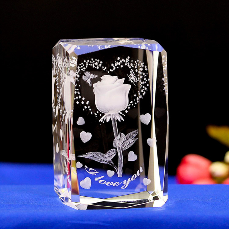 Wholesale Customize Rose Flowers 3d Laser Crystal Glass Cube Wedding Favors
