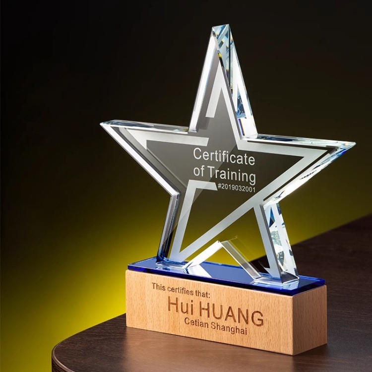 Premium Glitter Wooden Crystal Trophy   Star Award Plaque - Outstanding Employee Recognition for Corporate Annual Events