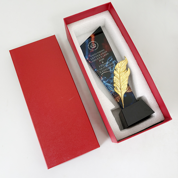 Gold Metal Feather Full Color Printing Optical Crystal Glass Trophy MH-LJ0631