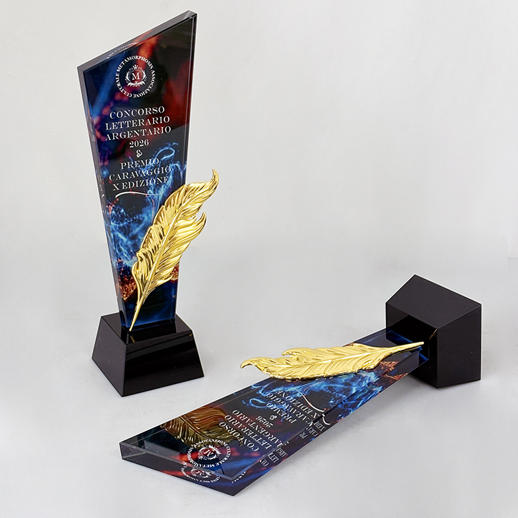 Gold Metal Feather Full Color Printing Optical Crystal Glass Trophy MH-LJ0631