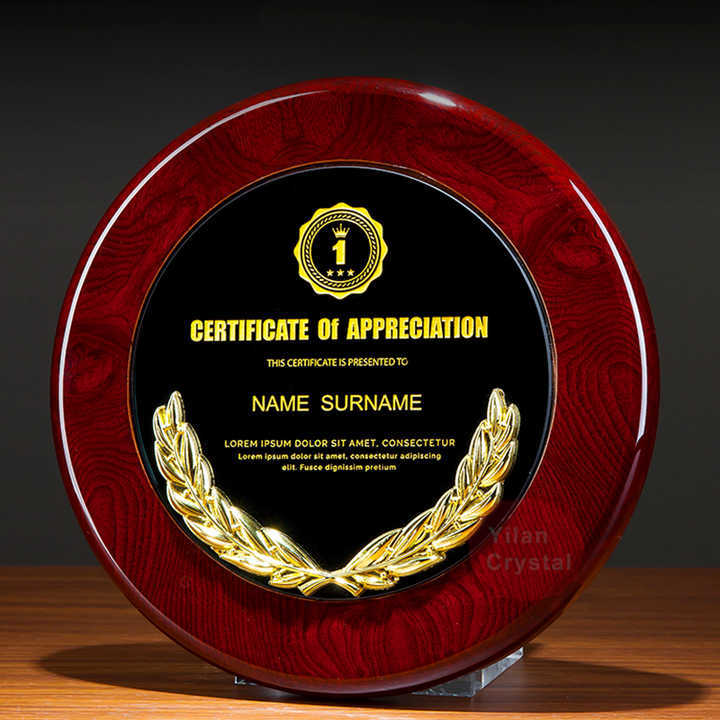 Custom Crystal Trophy Wooden Decoration Printed Engraved Award Souvenirs Company Anniversary Glass Custom Trophy
